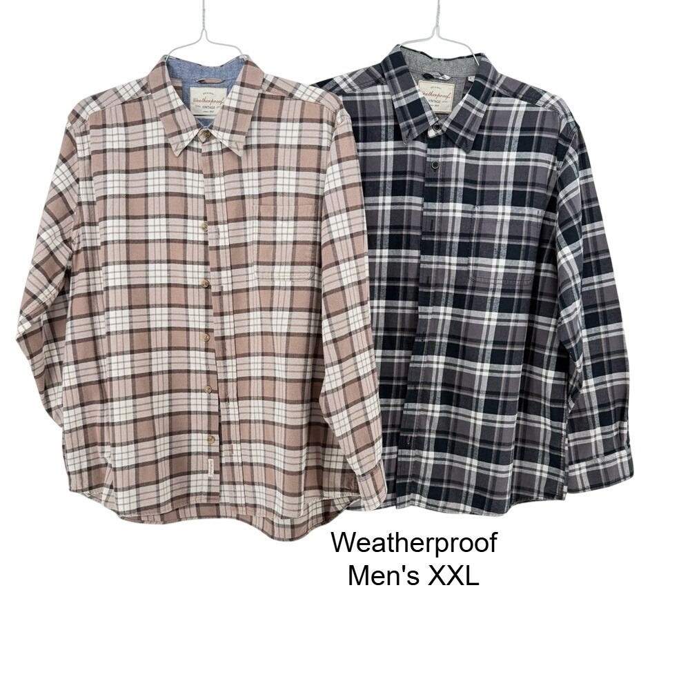 Weatherproof Vintage Men XXL Plaid Flannel Button Down Shirt 2pk Brown Grey‎